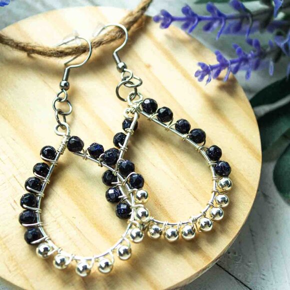 Teardrop Earrings with Blue Sandstone and Silver Accent Beads - Picture 6 of 12